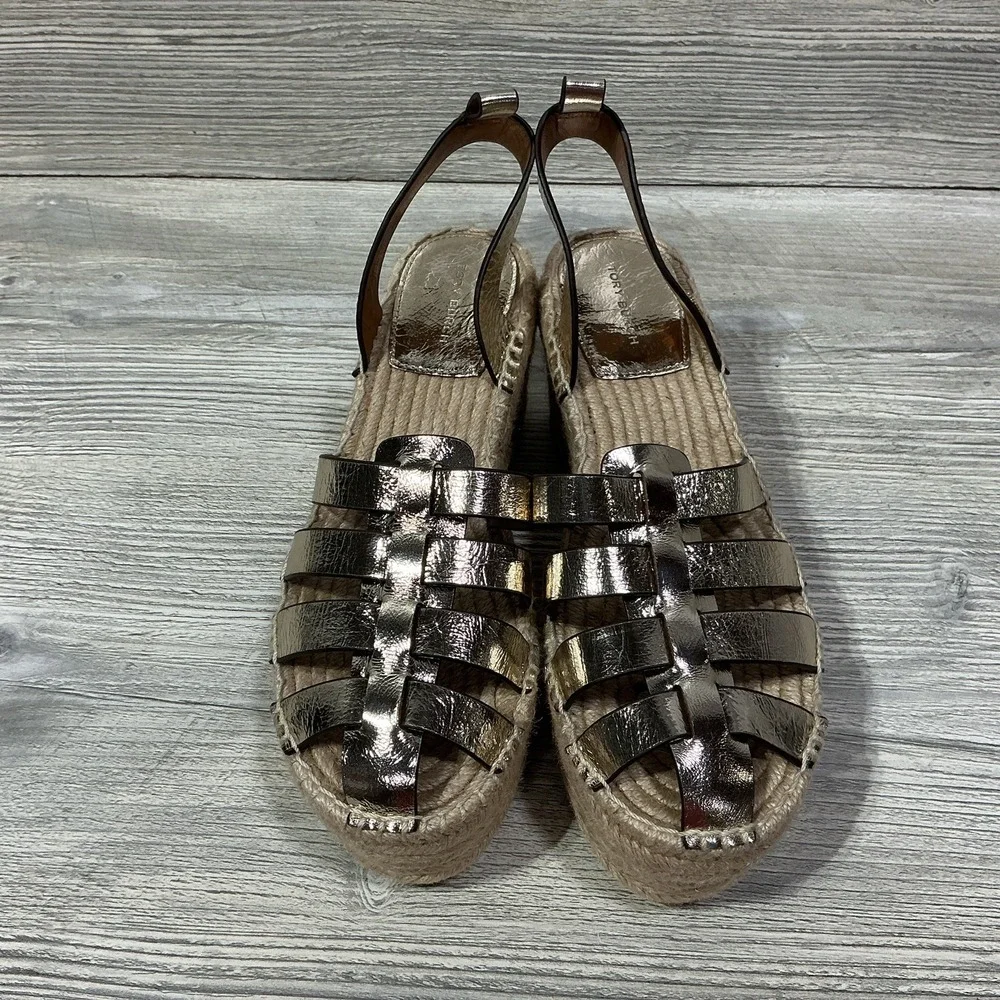 NEW Tory Burch Fisherman Espadrille Platform Wedge Sandal in Spark Gold Size 7.5